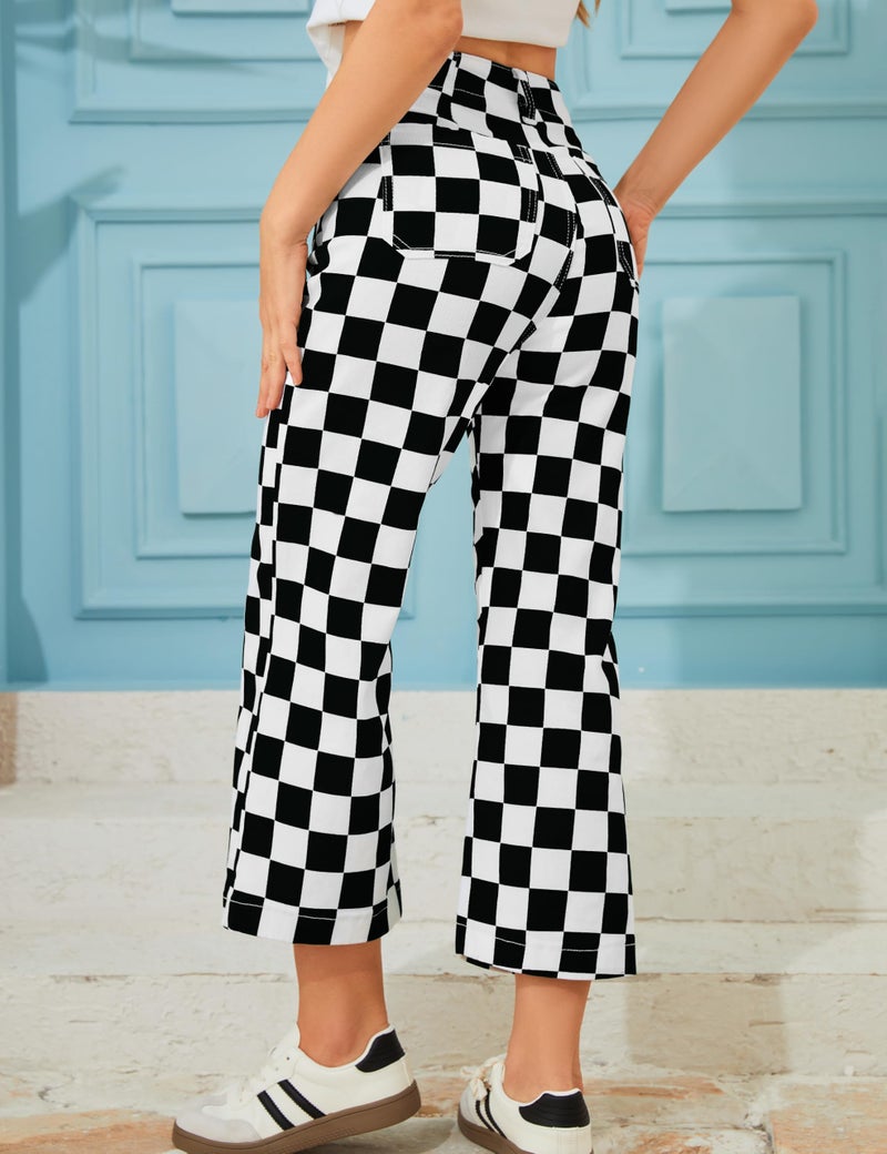 Odefou Cropped Jeans for Women Checkered Pants Casual High Waisted Stretchy Straight Leg Trousers with Pockets(Black and White Checkered,4) - Image 2