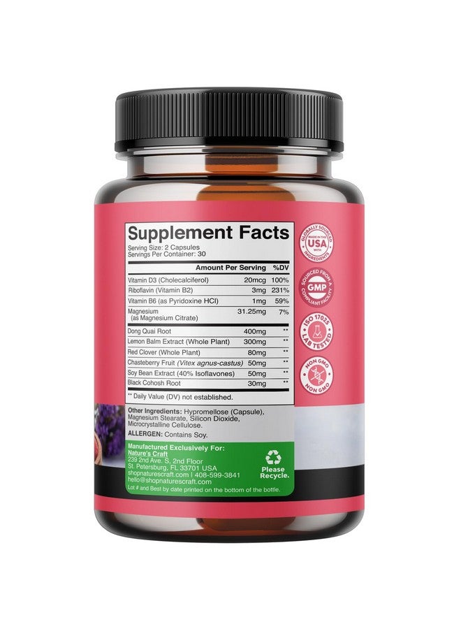 Natures Craft مكمل عشبي كامل لسن اليأس للنساء - كبسولات توازن الهرمونات الأنثوية للتعرق الليلي، والهبات الساخنة وتقلبات المزاج مع دونغ كواي، وتوت الشجرة المقدسة وجذر الكوهوش الأسود - عبوة 60 عدداً - Image 3