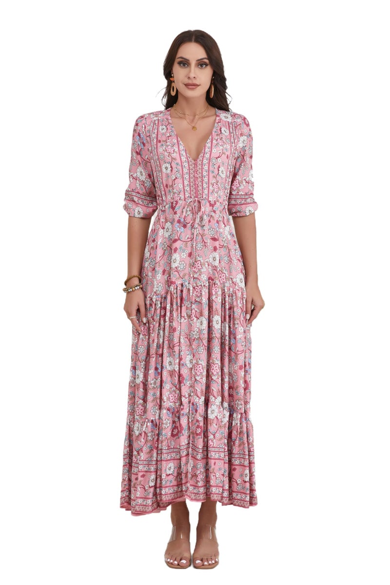 HECCPLI Women Short Sleeve V Neck Floral Print Casual Bohemian Maxi Dresses - Image 1