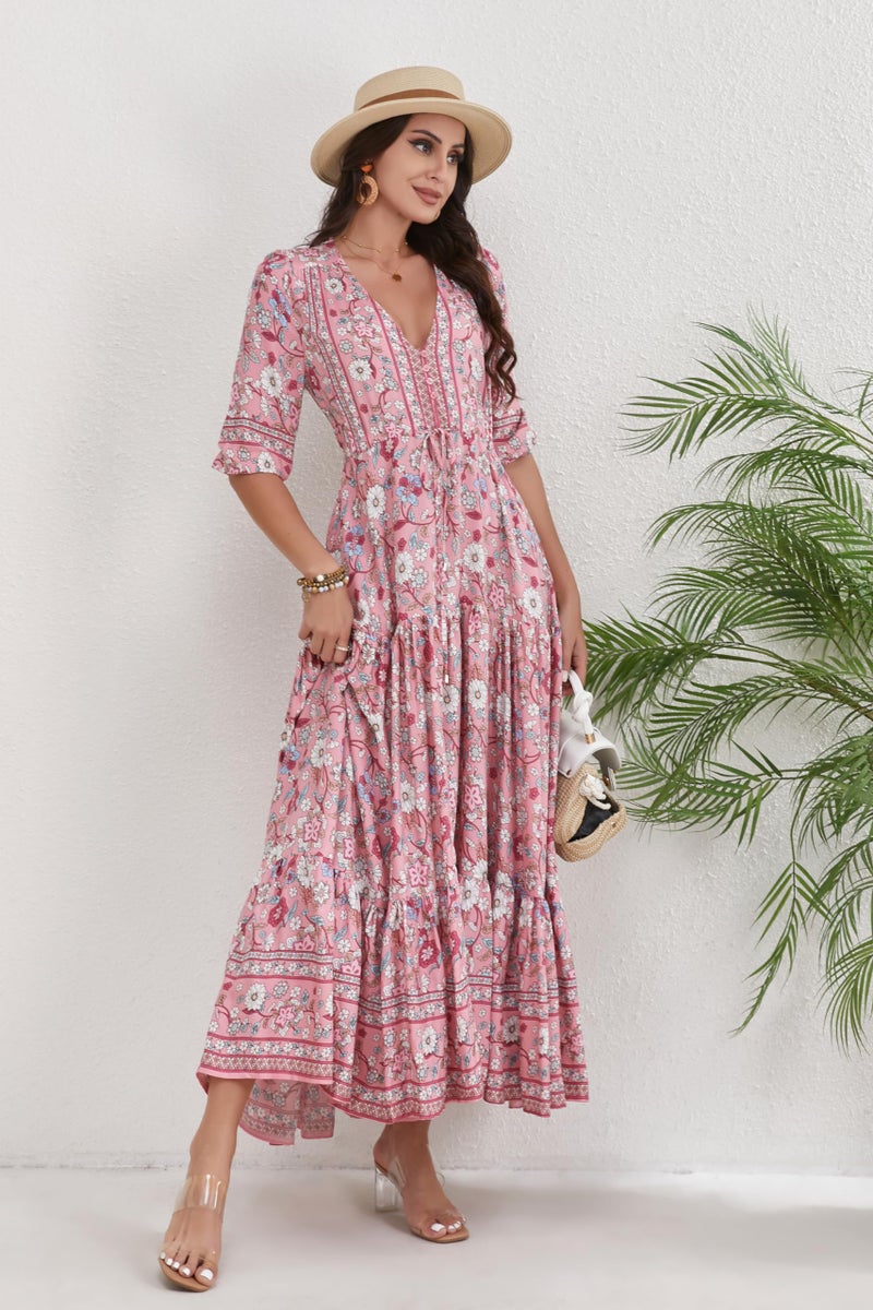 HECCPLI Women Short Sleeve V Neck Floral Print Casual Bohemian Maxi Dresses - Image 3