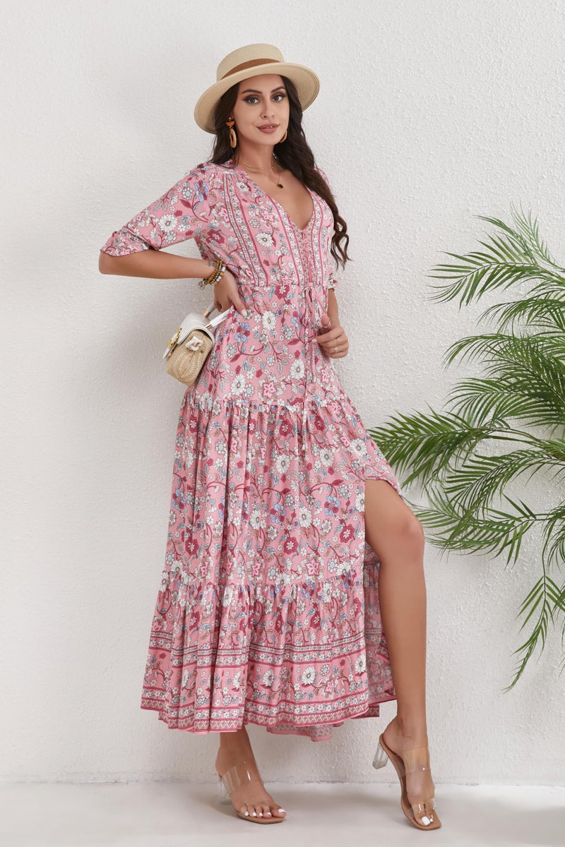 HECCPLI Women Short Sleeve V Neck Floral Print Casual Bohemian Maxi Dresses - Image 5