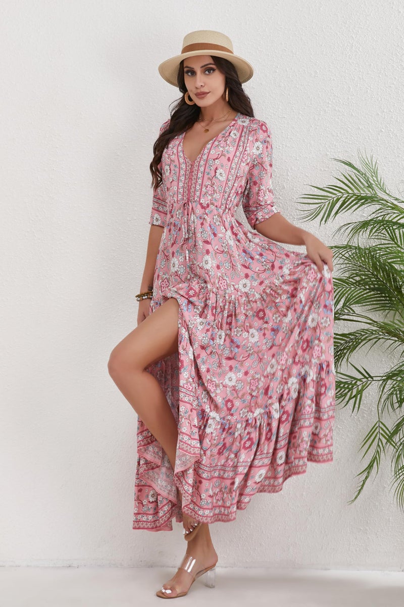 HECCPLI Women Short Sleeve V Neck Floral Print Casual Bohemian Maxi Dresses - Image 2