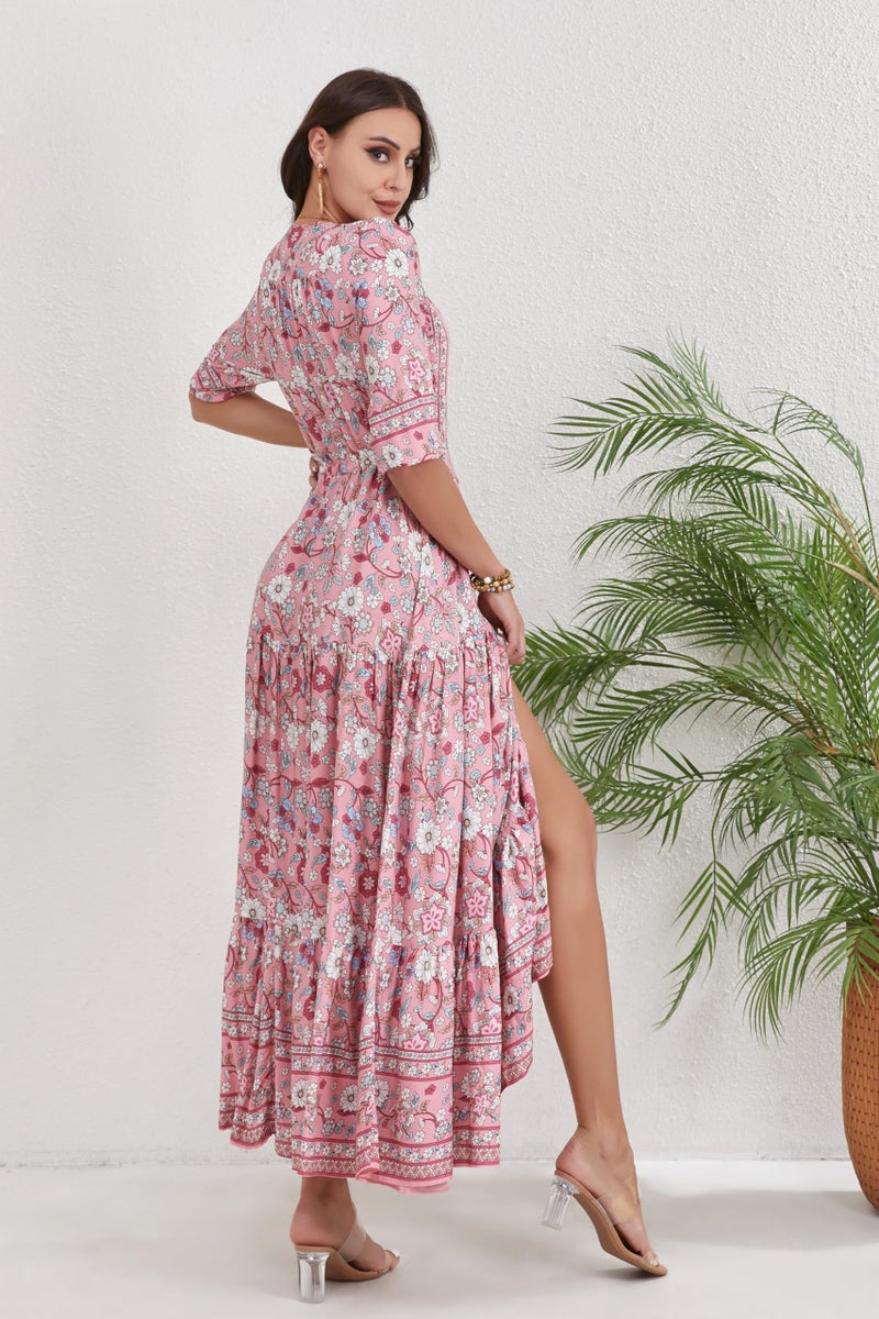 HECCPLI Women Short Sleeve V Neck Floral Print Casual Bohemian Maxi Dresses - Image 4
