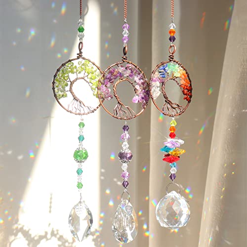 LPKADQA Sun Catcher Crystal Hanging Tree of Life SunCatchers Healing Crystals for Indoor Window, Home Decor, Car Charms Pack of 3 - Image 1