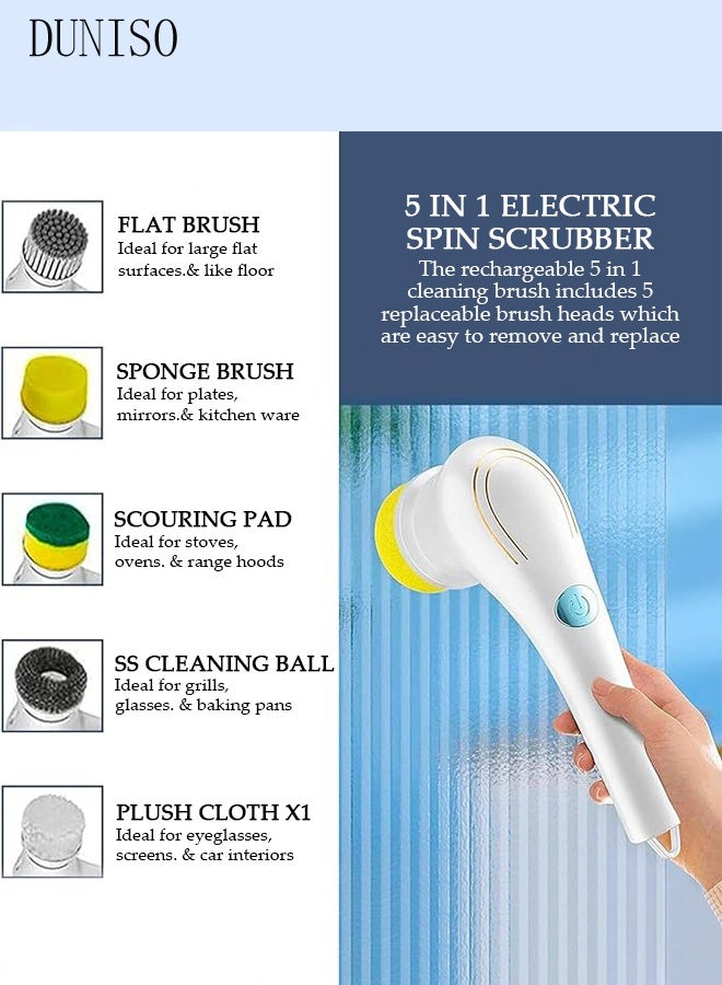 DUNISO Electric Spin Scrubber, 5 in 1 Electric Bathroom Scrubber with 2 Adjustable Speed & 5 Replaceable Brush Heads, 360° Electric Scrubber for Bathroom Bathtub Kitchen Floor Sink  - Image 2