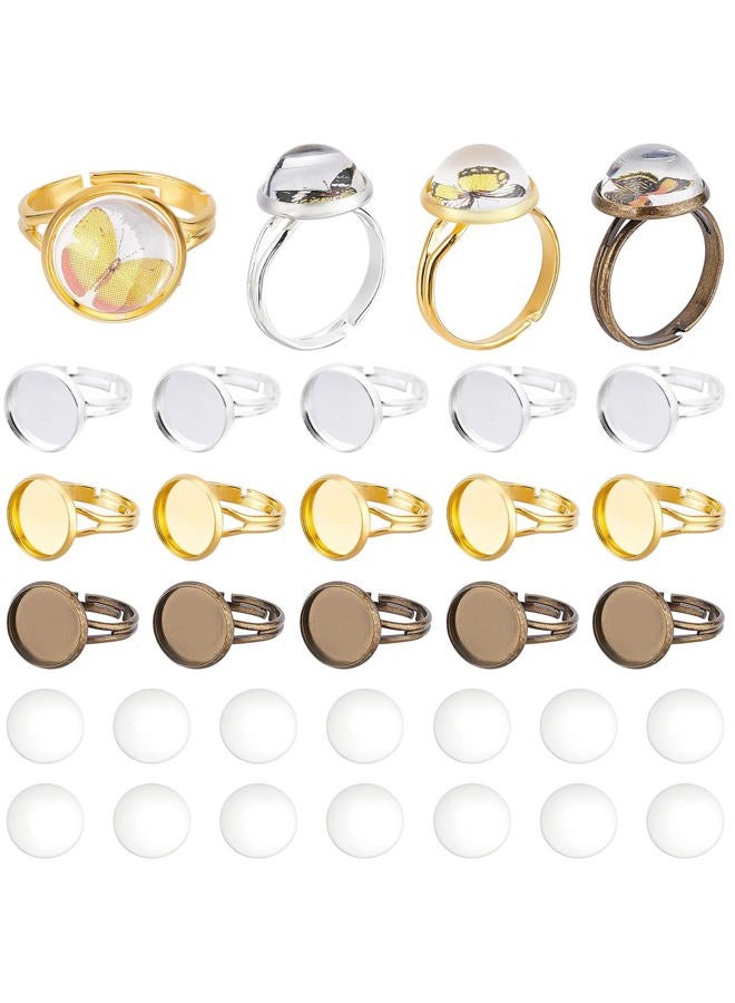 SUNNYCLUE DIY 1 Box 30 Sets 60Pcs 12mm Adjustable Ring Base Cabochon Ring Blanks Glass Cabochons Blank Ring Bases Flat Round Tray Adjustable Finger Rings for Women DIY Making Kits Crafts Supplies - Image 1