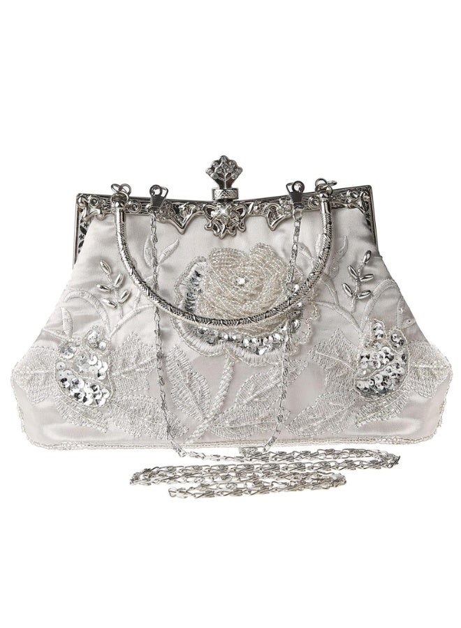 Vintage Silver Floral Embroidered Evening Clutch with Rhinestones & Crossbody Chain - Image 1