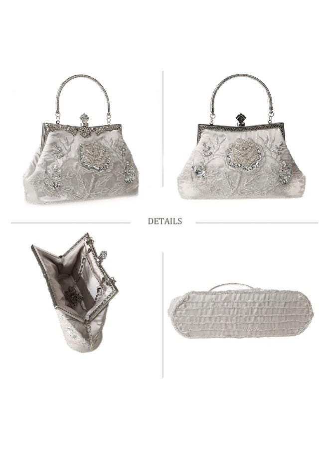 Vintage Silver Floral Embroidered Evening Clutch with Rhinestones & Crossbody Chain - Image 3