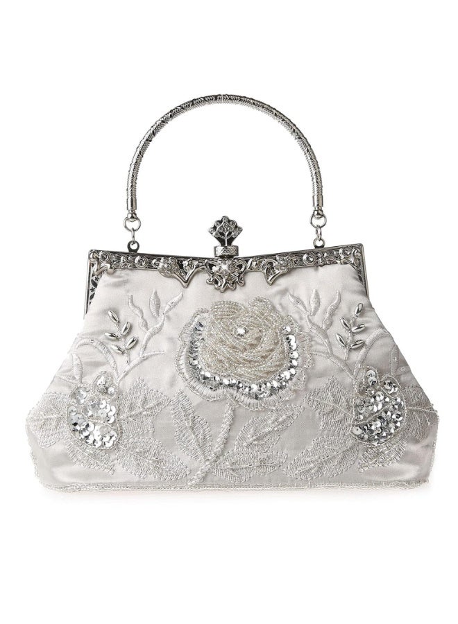 Vintage Silver Floral Embroidered Evening Clutch with Rhinestones & Crossbody Chain - Image 4