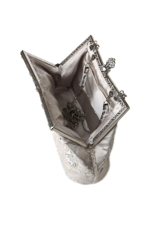 Vintage Silver Floral Embroidered Evening Clutch with Rhinestones & Crossbody Chain - Image 5