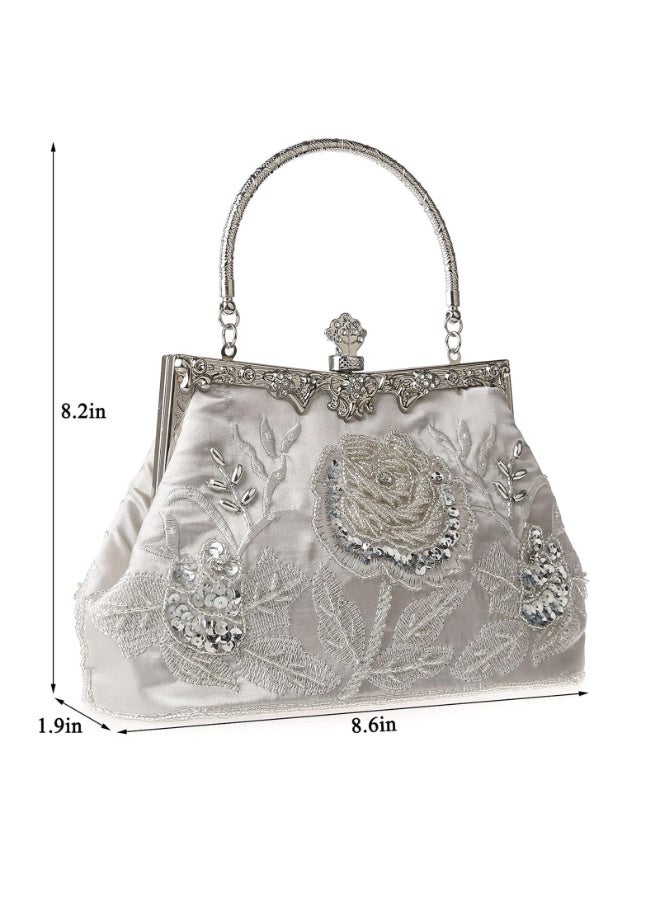 Vintage Silver Floral Embroidered Evening Clutch with Rhinestones & Crossbody Chain - Image 2