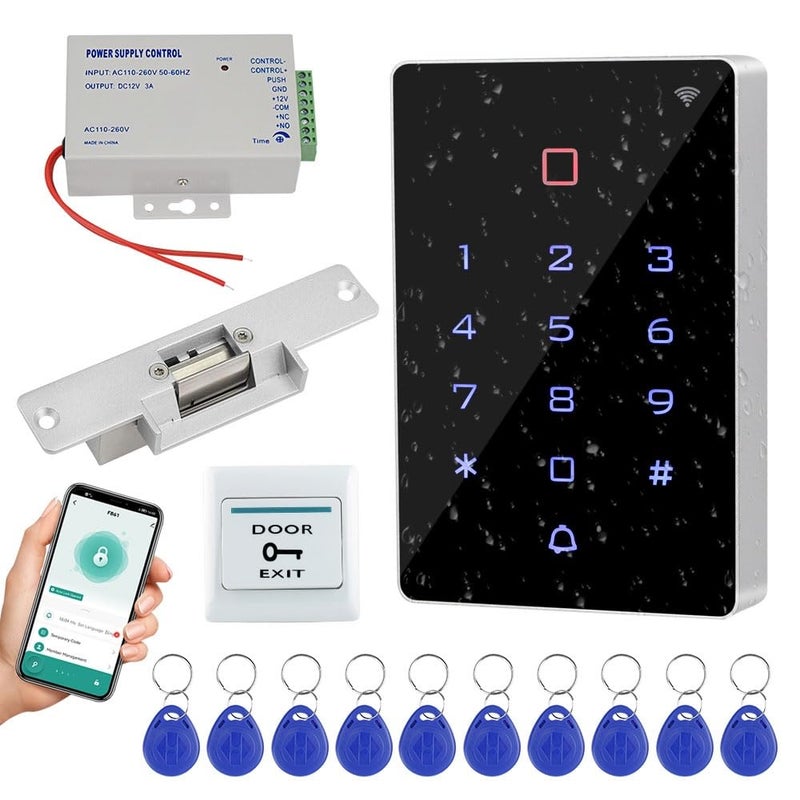 Gaocinys WiFi Tuya App Access Control System Kit Waterproof RFID Access Control Keyboard, Fail-Safe Electric Strike Lock, 12VDC Power Supply, Door Switch Button, 125 KHz RFID Badge Keyring - Image 1