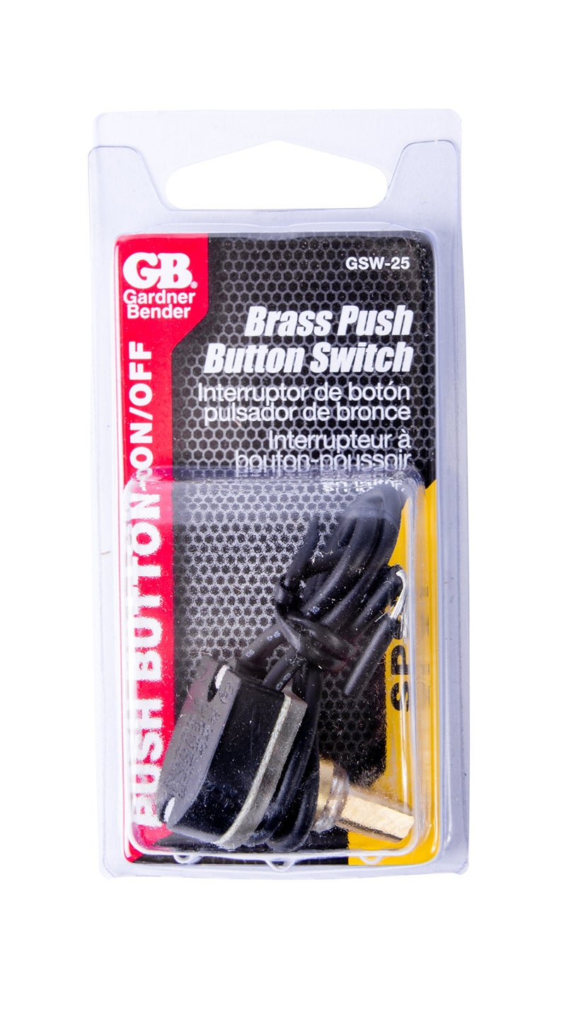 Gardner Bender GSW-25 Double Insulated Electrical Push Button Switch, SPST, ON-OFF, 6 A/125V AC, 6 inch Wire Terminal, Brass - Image 2