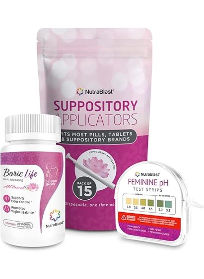 NutraBlast Boric Acid l Suppositories 600mg (30 Count) w/Disposable l Suppository Applicators (15-Pack) and Feminine pH Test Strips 3.0-5.5 (100 Tests Roll) - Image 1