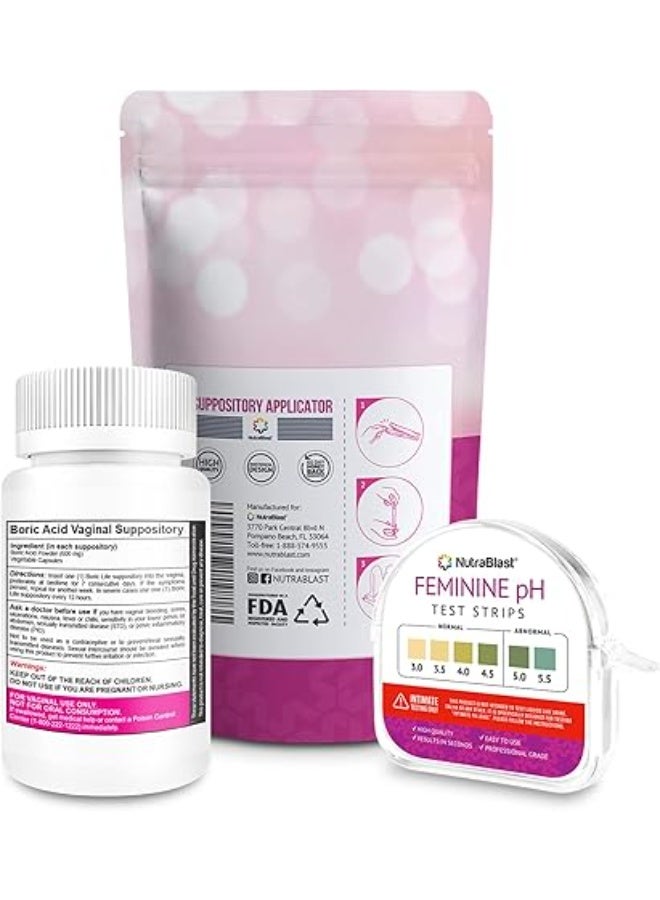 NutraBlast Boric Acid l Suppositories 600mg (30 Count) w/Disposable l Suppository Applicators (15-Pack) and Feminine pH Test Strips 3.0-5.5 (100 Tests Roll) - Image 4