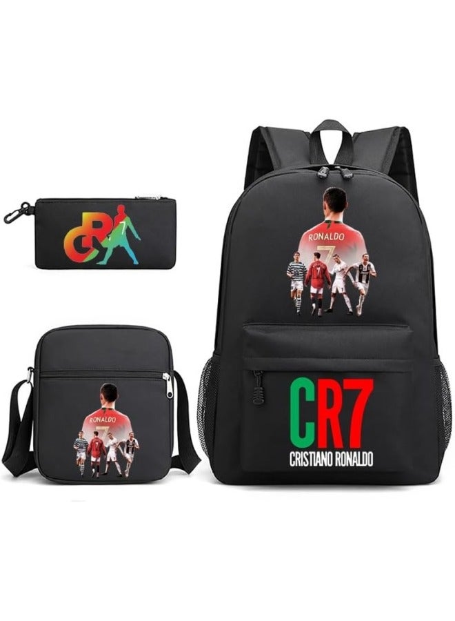طقم الحقائب المكون من 3 قطع، حقيبة ظهر كرة القدم CR7، حقيبة ظهر عادية بسعة كبيرة مع حقيبة غداء وحافظة أقلام للأولاد والبنات.