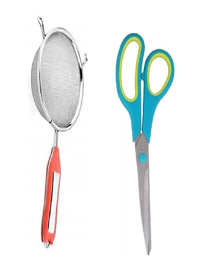 BLUE WONDER Stainless Steel Multipurpose Soup Strainer Combo Multipurpose Big Scissore | Kitchen Accessories | Multipurpose Kitchen Tool | Durable, Easy to Use | Multicolour | Pack of 2