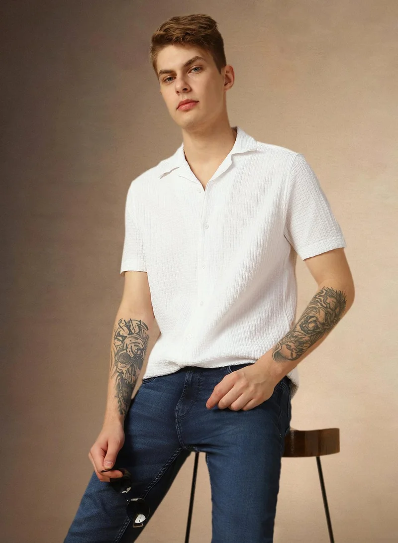 دينيس لينغو قميص رجالي أبيض بوليستر سادة بأزرار بقصة مريحة