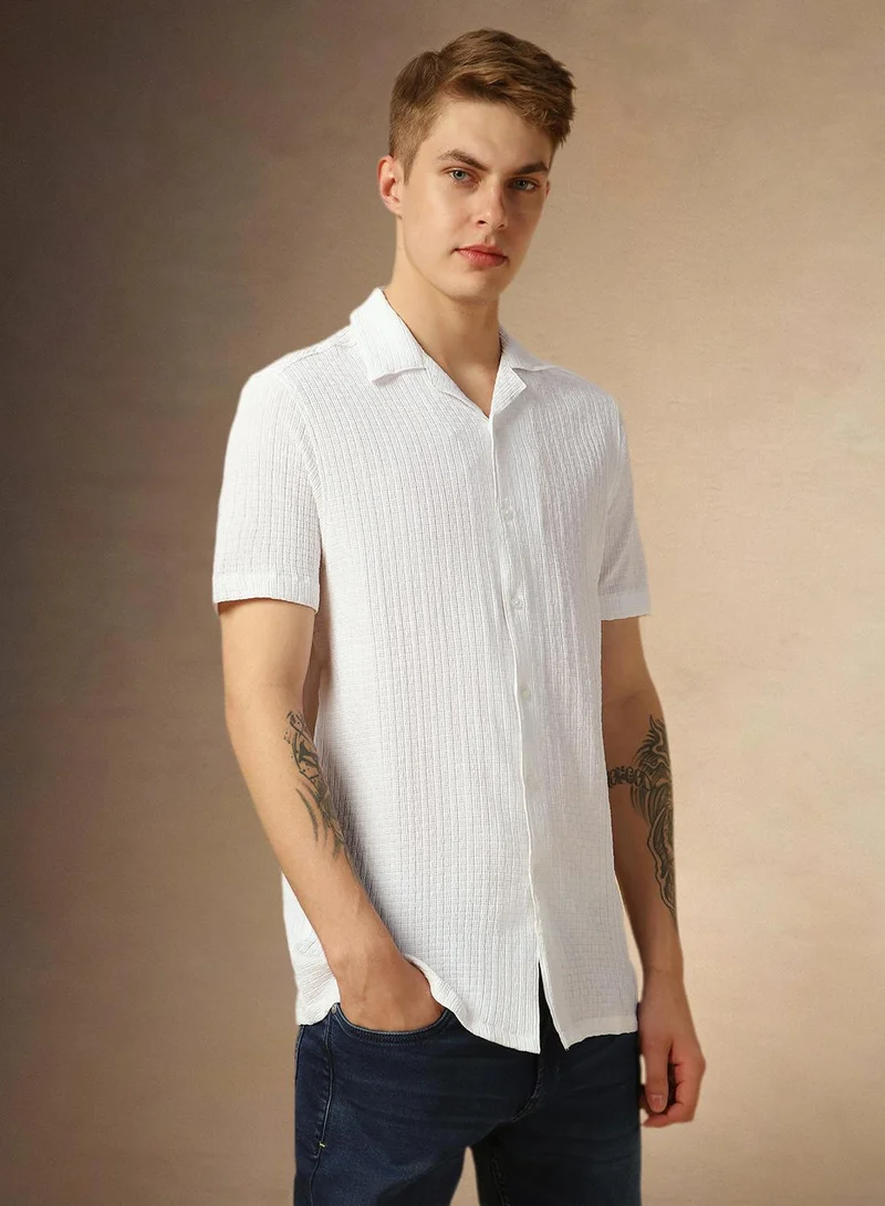 Men's White 100% Polyester Solid Button Down Relaxed Shirt