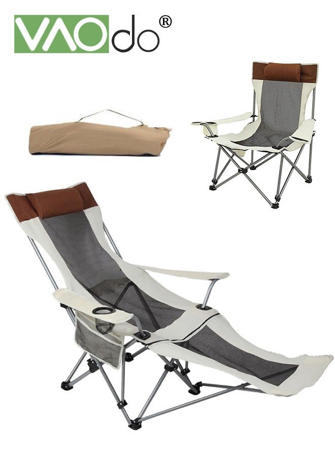 VAOdo Reclining Camping Chair 2 Position with Foot Rest and Headrest Comfortable for Adults Load-Bearing 150Kg Folding Lounger Mesh Breathable and Cool Beach Chair with Cooler Bag and Cup Holder for Outdoor Camp, Picnic, Travel, Fishing - Image 1