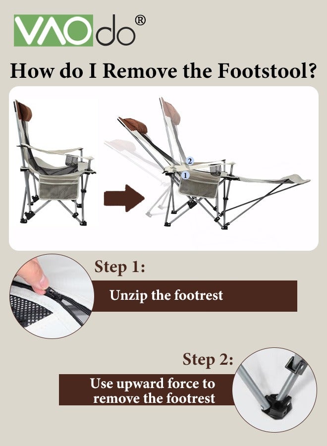 VAOdo Reclining Camping Chair 2 Position with Foot Rest and Headrest Comfortable for Adults Load-Bearing 150Kg Folding Lounger Mesh Breathable and Cool Beach Chair with Cooler Bag and Cup Holder for Outdoor Camp, Picnic, Travel, Fishing - Image 2