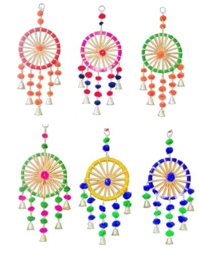 3A FEATURETAIL Plastic Handcrafted Decorative Pom Pom Hangings With Bells For Wall/Door/Window Decoration, Festive Or Wedding Hanging Decorative Items (Multi-Colour, Set Of 6) - Image 2