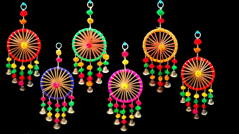 3A FEATURETAIL Plastic Handcrafted Decorative Pom Pom Hangings With Bells For Wall/Door/Window Decoration, Festive Or Wedding Hanging Decorative Items (Multi-Colour, Set Of 6) - Image 1