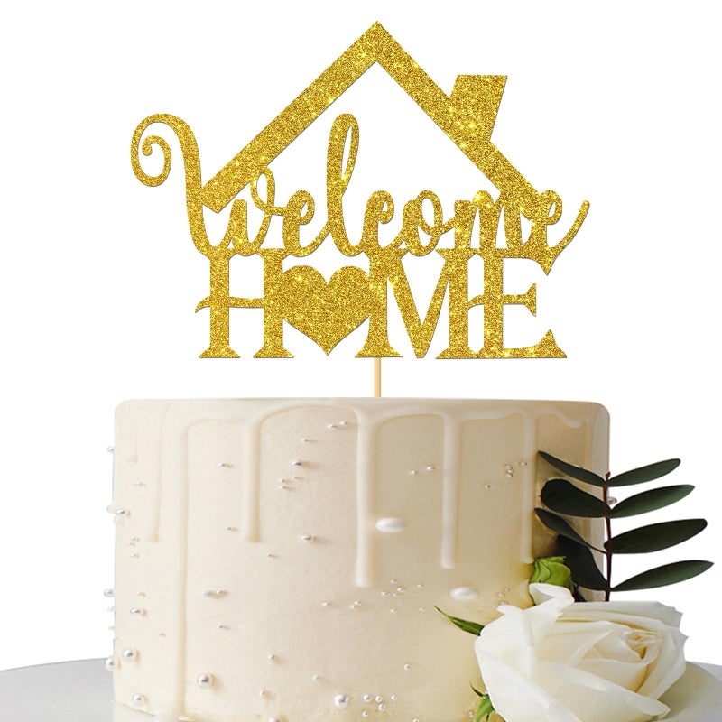 Gold Glitter Welcome Home Cake Topper - Home Party Decoration - Welcome Sign - New Home/New Baby/Retiring from the Army/Return from Maternity Party Decoration