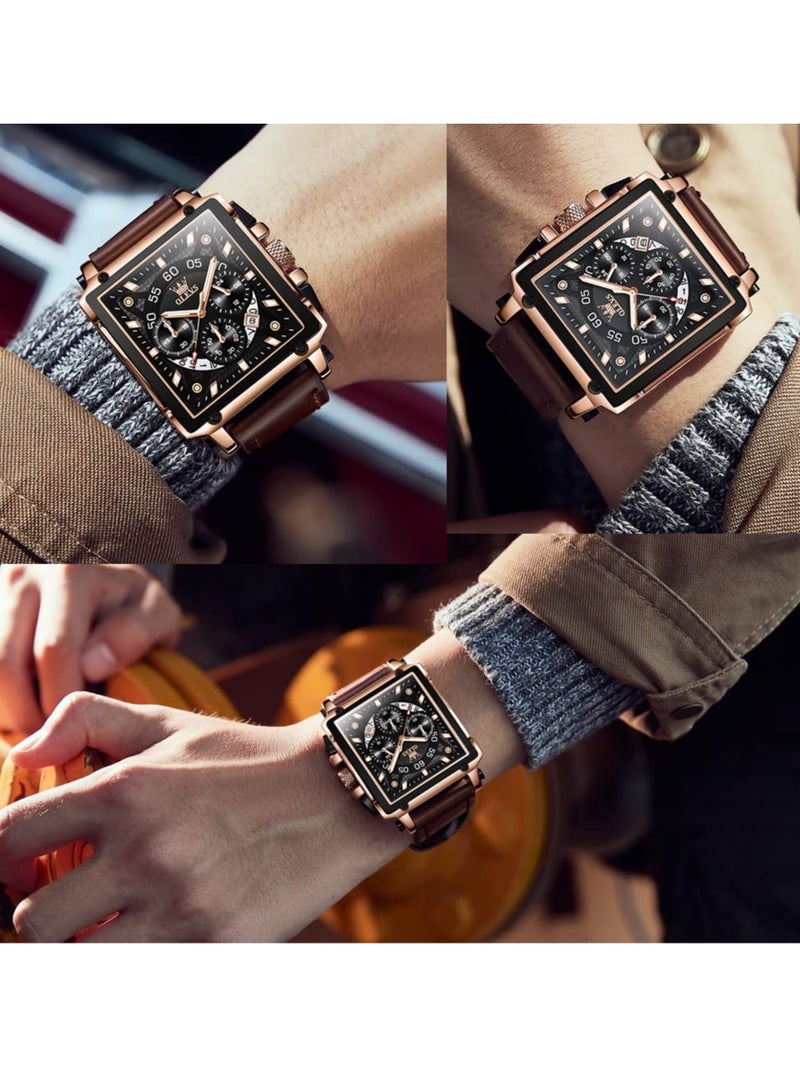 OLEVS Men's Leather Multifunction Watch Quartz Classic Square Watch 9919 - Image 2