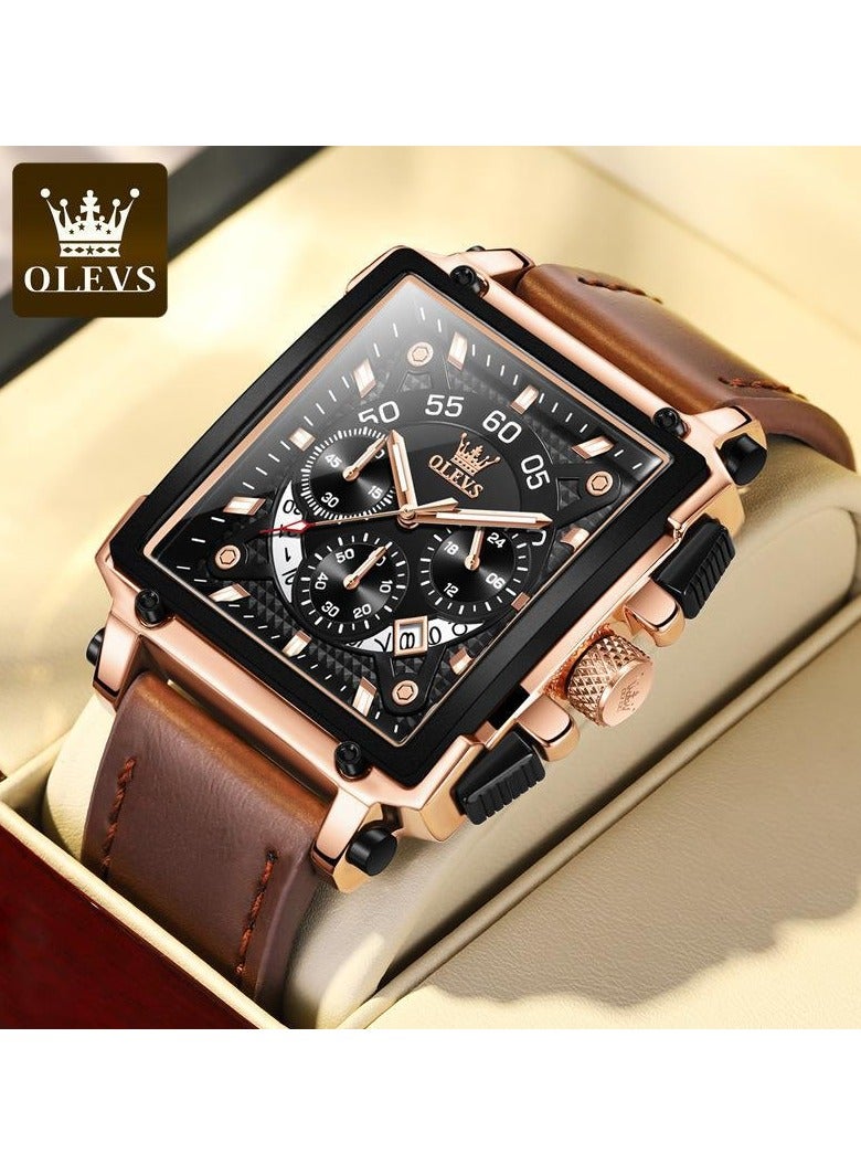 OLEVS Men's Leather Multifunction Watch Quartz Classic Square Watch 9919 - Image 1