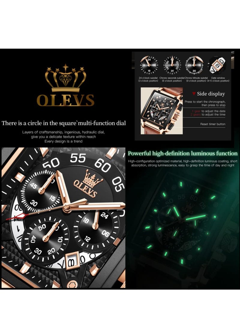 OLEVS Men's Leather Multifunction Watch Quartz Classic Square Watch 9919 - Image 5