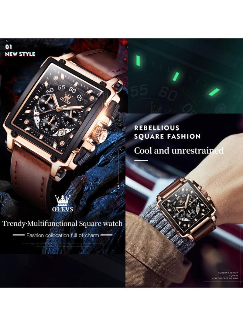 OLEVS Men's Leather Multifunction Watch Quartz Classic Square Watch 9919 - Image 4