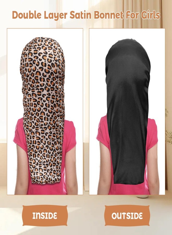 Erinnmy 1 Pcs Long Kids Bonnets for Girls,Soft Kid Hair Bonnet,Double Layer Reversible Silk Bonnet Child Sleeping Cap with Tie Band,Long Satin Bonnet Night Hats for Kids Curly Hair Braids(Leopard) - Image 5