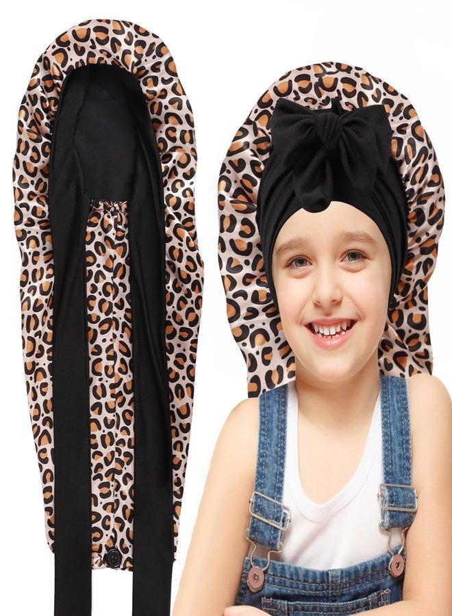 Erinnmy 1 Pcs Long Kids Bonnets for Girls,Soft Kid Hair Bonnet,Double Layer Reversible Silk Bonnet Child Sleeping Cap with Tie Band,Long Satin Bonnet Night Hats for Kids Curly Hair Braids(Leopard) - Image 1