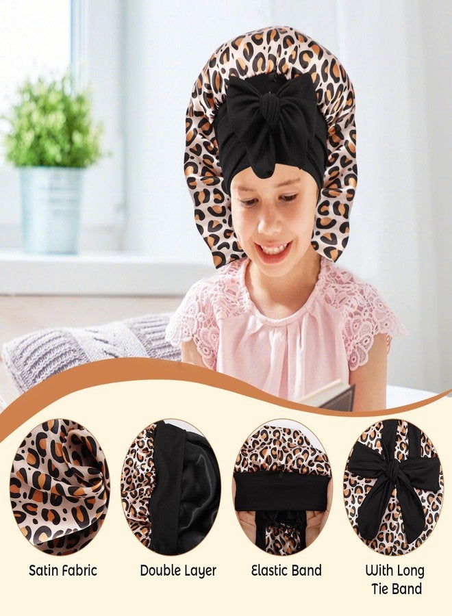 Erinnmy 1 Pcs Long Kids Bonnets for Girls,Soft Kid Hair Bonnet,Double Layer Reversible Silk Bonnet Child Sleeping Cap with Tie Band,Long Satin Bonnet Night Hats for Kids Curly Hair Braids(Leopard) - Image 3