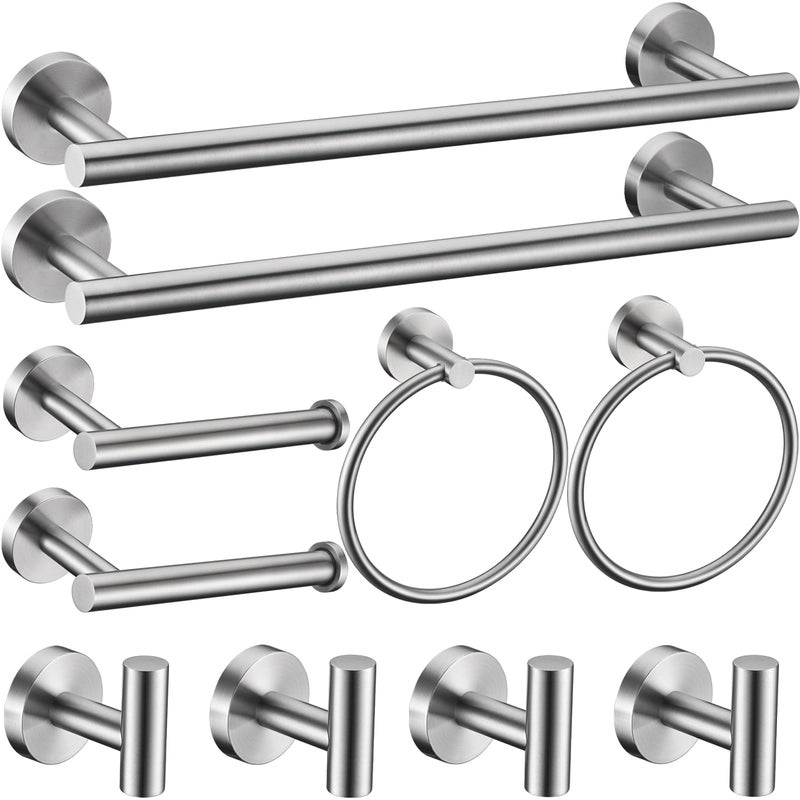 10 Pieces Brushed Nickel Bathroom Hardware Set Include 16inch Towel Bar4pcsTowel HooksToilet Paper HolderHand Towel Ring Round SUS304 Stainless Steel Bathroom Accessories Set