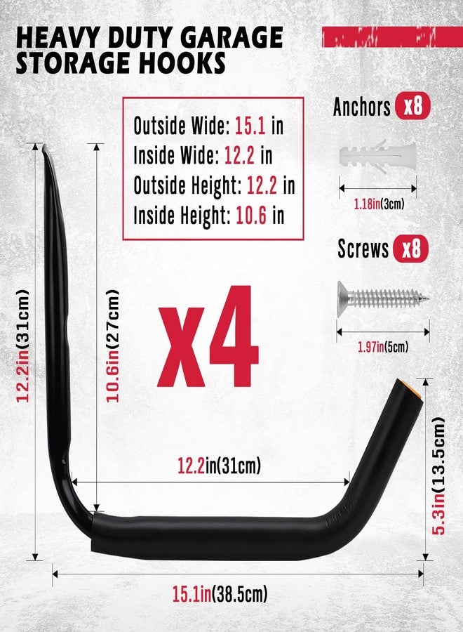 SEDY 4-Piece 15" 100 Lbs Heavy Duty Garage Storage Hooks, Kayak Storage Rack Garage Hooks Jumbo Arm Kayak Wall Mount for Hanging Surfboard Snowboard Paddle Board Ladders Bikes - Image 2