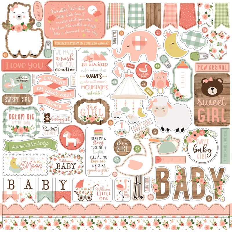 Echo Park Paper Company Baby Girl Element Sticker paper, 12-x-12-Inch, pink, yellow, green, blue - Image 1