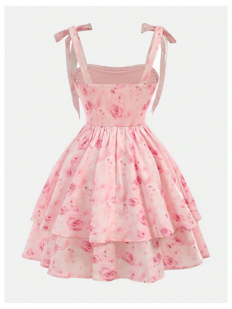 Floerns Girl's Floral Tie Shoulder Cami Dress Ruched Layered Ruffle Hem Short Dresses Pink 12Y - Image 2