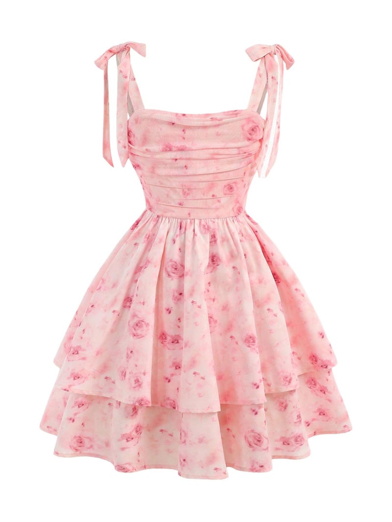 Floerns Girl's Floral Tie Shoulder Cami Dress Ruched Layered Ruffle Hem Short Dresses Pink 12Y - Image 1