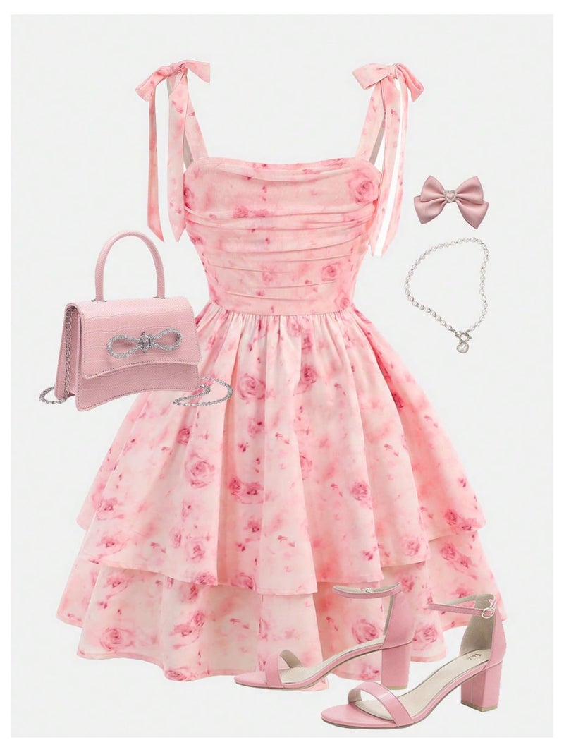 Floerns Girl's Floral Tie Shoulder Cami Dress Ruched Layered Ruffle Hem Short Dresses Pink 12Y - Image 5