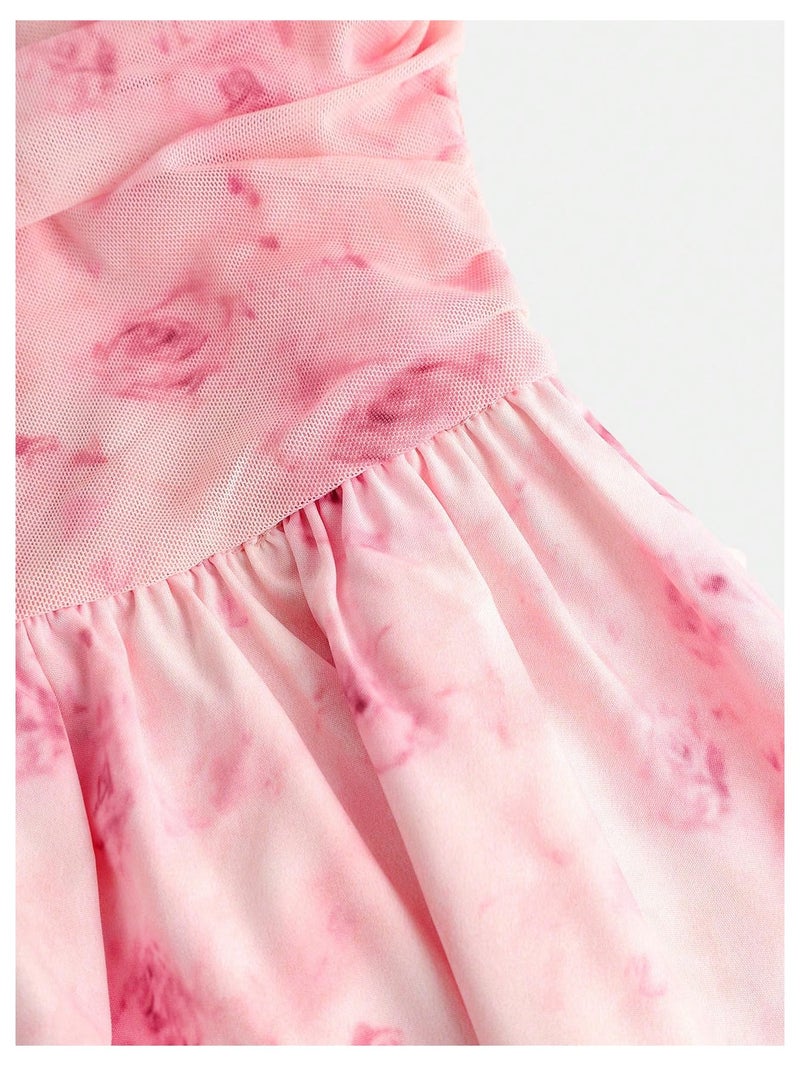Floerns Girl's Floral Tie Shoulder Cami Dress Ruched Layered Ruffle Hem Short Dresses Pink 12Y - Image 4