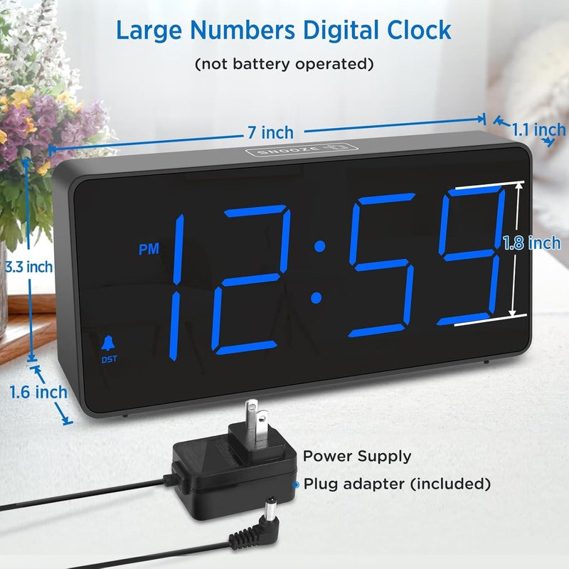 Peakeep Digital Alarm Clock for Bedroom Bedside, Loud Alarm Clock for Heavy Sleepers, Large Big LED Numbers for Seniors, Battery Backup Plug in Electric Clock with USB Charger (Blue) - Image 2