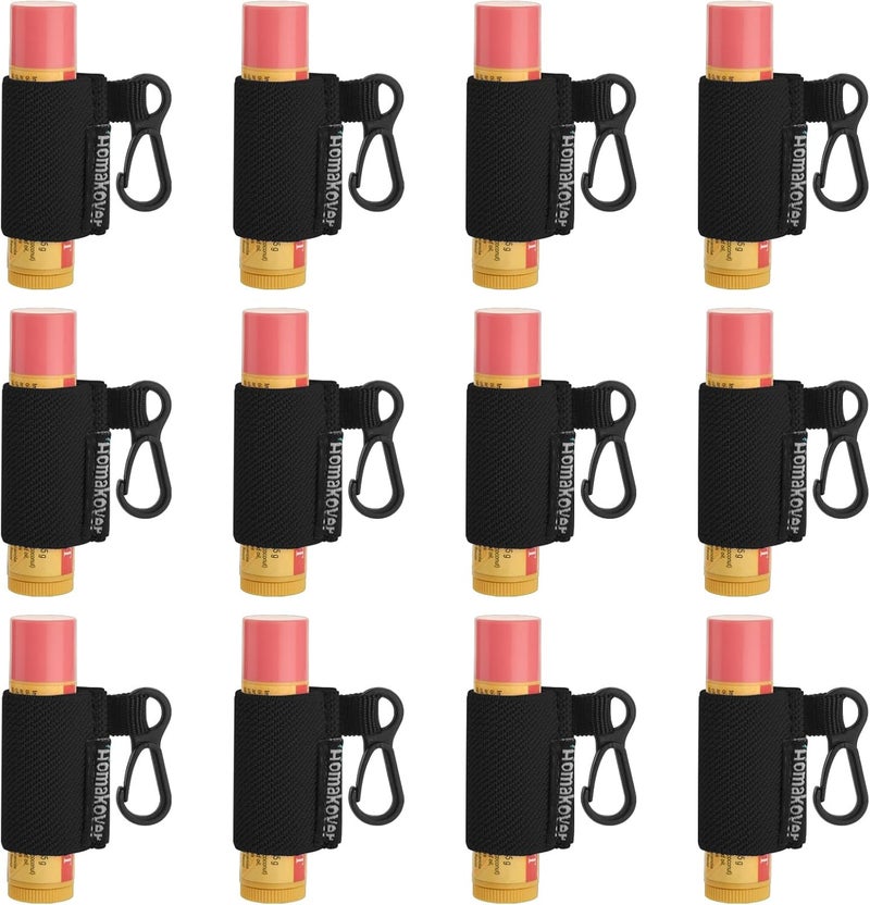 Homakover 12 Pack Compact Clip-On Lipstick Holder Keychain, Lip Balm Sleeves with Clip, Fits Most Standard Lip Balm,Tight-Knit Elastic Lip Balm Keychain Holder (Black)