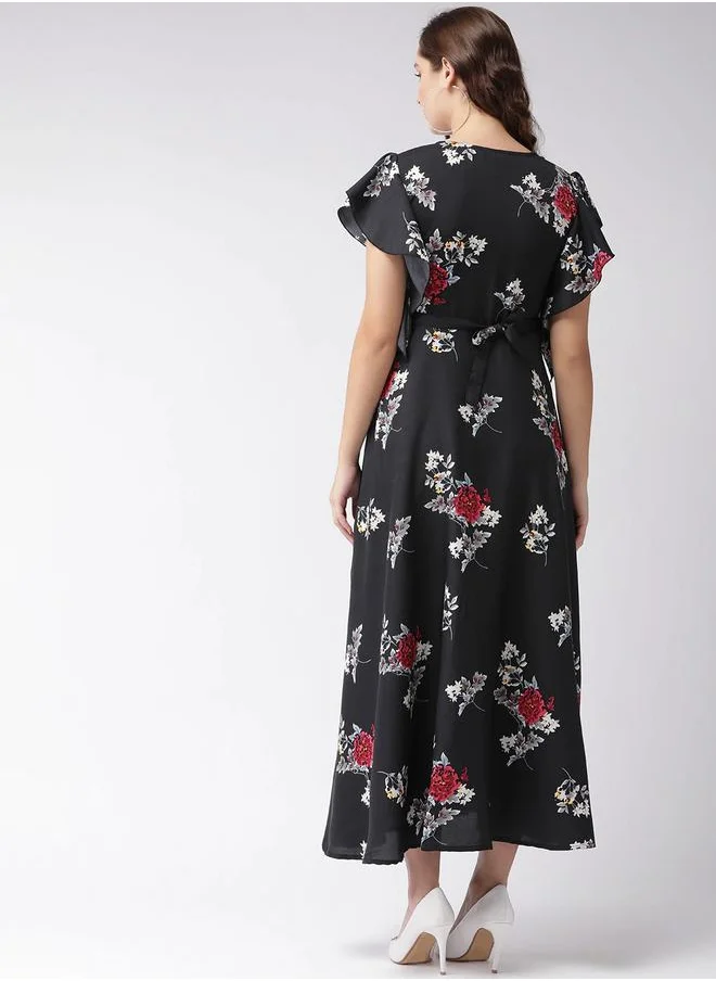 U&F Floral Print A-Line Maxi Dress with Frill Sleeves by Styli
