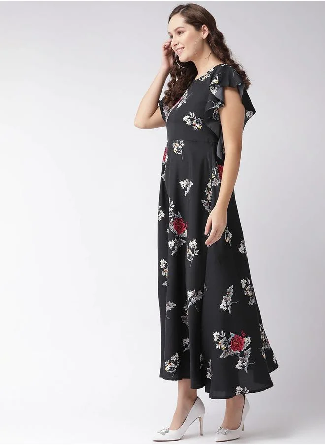 U&F Floral Print A-Line Maxi Dress with Frill Sleeves by Styli