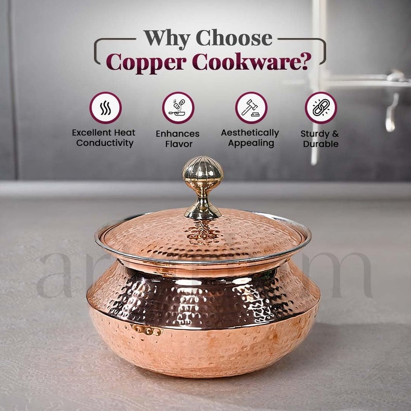 Artarium Artarium Hammered Copper Handi Tin Coated with Lid 100 Pure Copper Degchi Biryani Handi Heavy Copper Handi for Cooking Serving Copper Utensils for Kitchen Copper Degchi 45 Liter  - Image 5