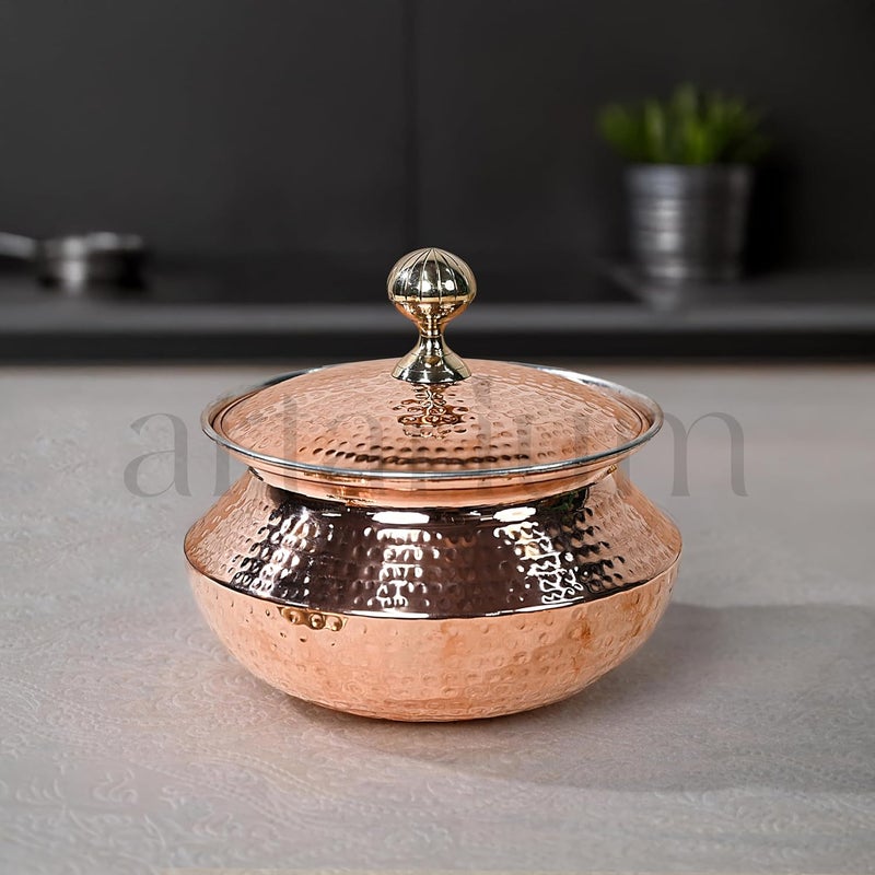 Artarium Artarium Hammered Copper Handi Tin Coated with Lid 100 Pure Copper Degchi Biryani Handi Heavy Copper Handi for Cooking Serving Copper Utensils for Kitchen Copper Degchi 45 Liter  - Image 2