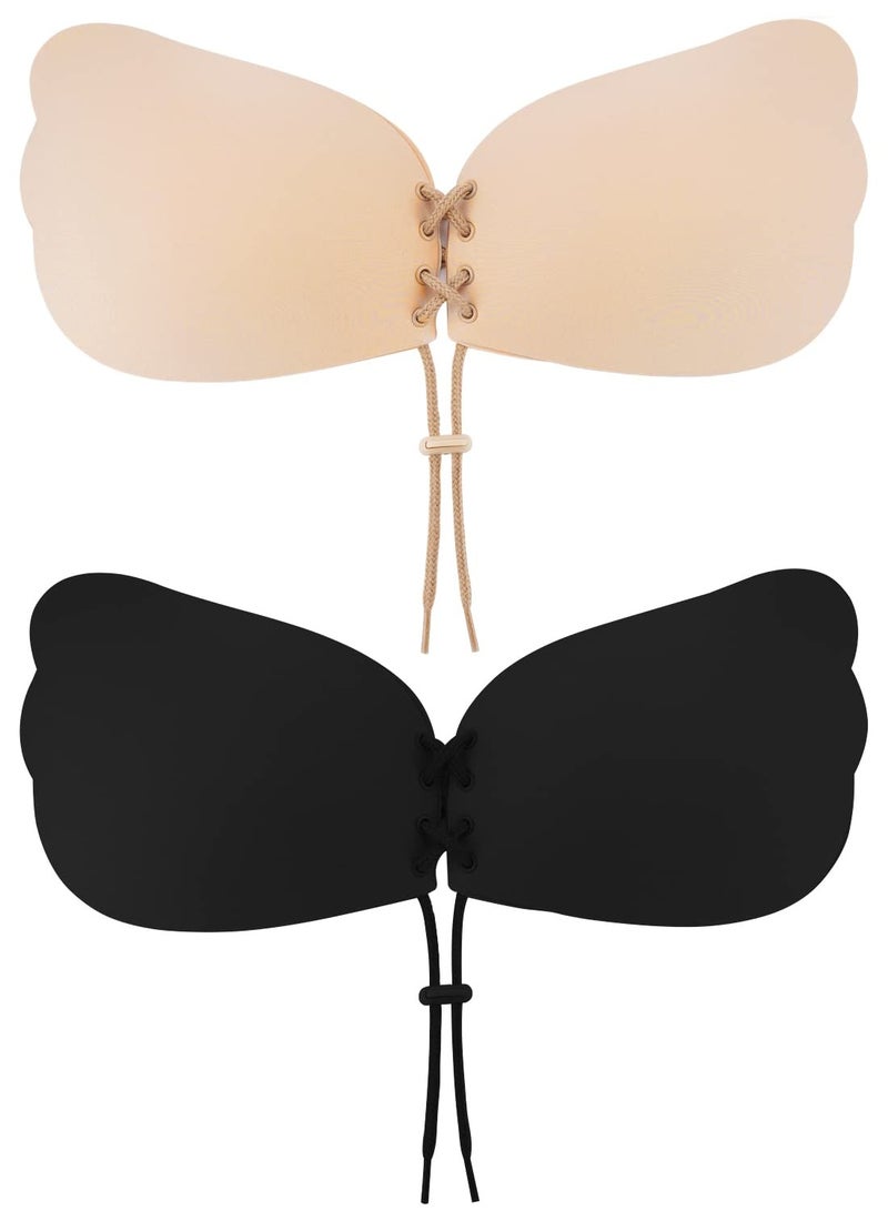 SUNSAR 2 Pairs Push Up Sticky Bra, Adhesive Invisible Backless Strapless Bra with Drawstring Reusable Invisible Silicone Bras - Image 1