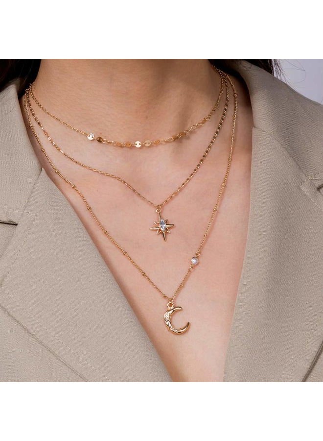 FXmimior Boho Simple Gold Moon and Star Sequins Layered Necklace Dainty Pearls Chain Moon Pendant Long Necklaces Jewelry for Women - Image 2